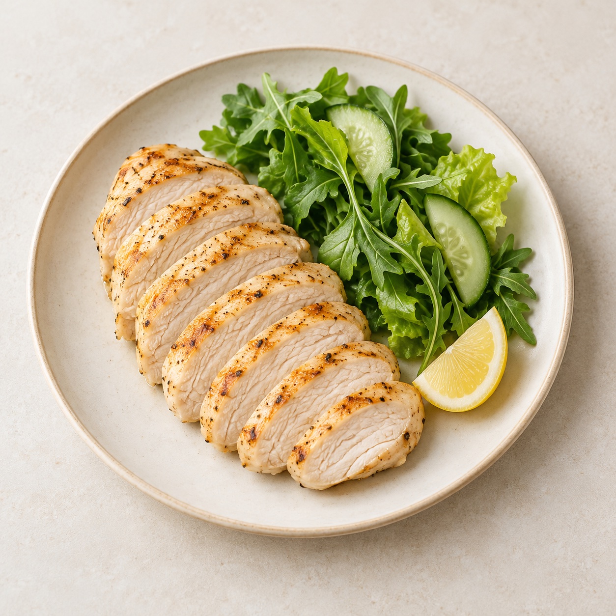 Simply prepared chicken breast with fresh greens and lemon