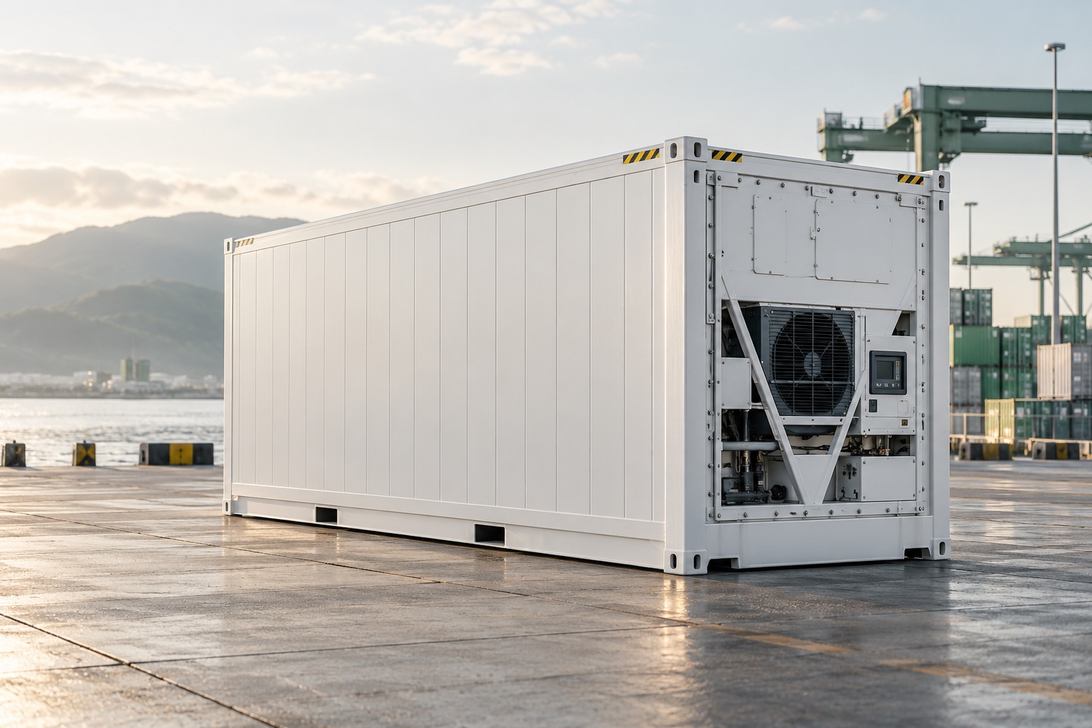 Refrigerated shipping container at a logistics terminal, illustrative image