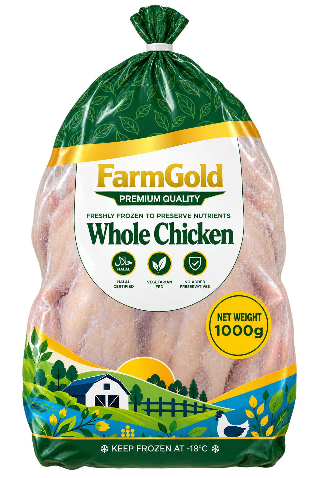FarmGold 1000g whole frozen chicken bag, with a white central label and clear plastic window showing the chicken