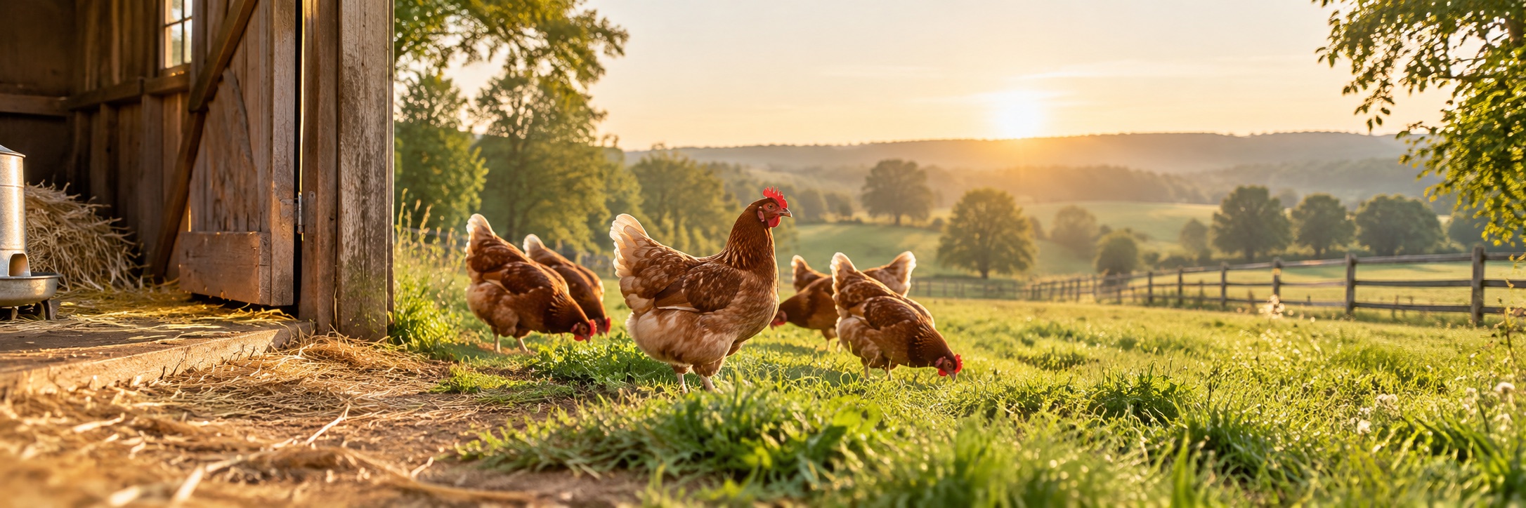 Hens beside a sunlit barn opening onto green pasture