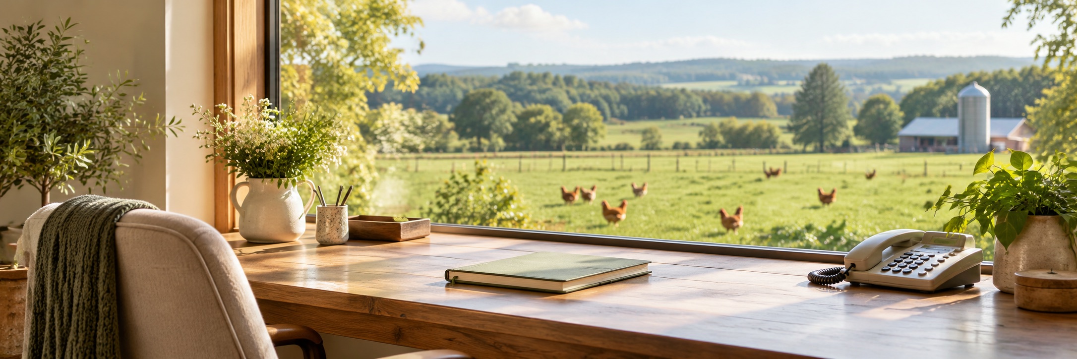 A bright farm office desk overlooking green fields