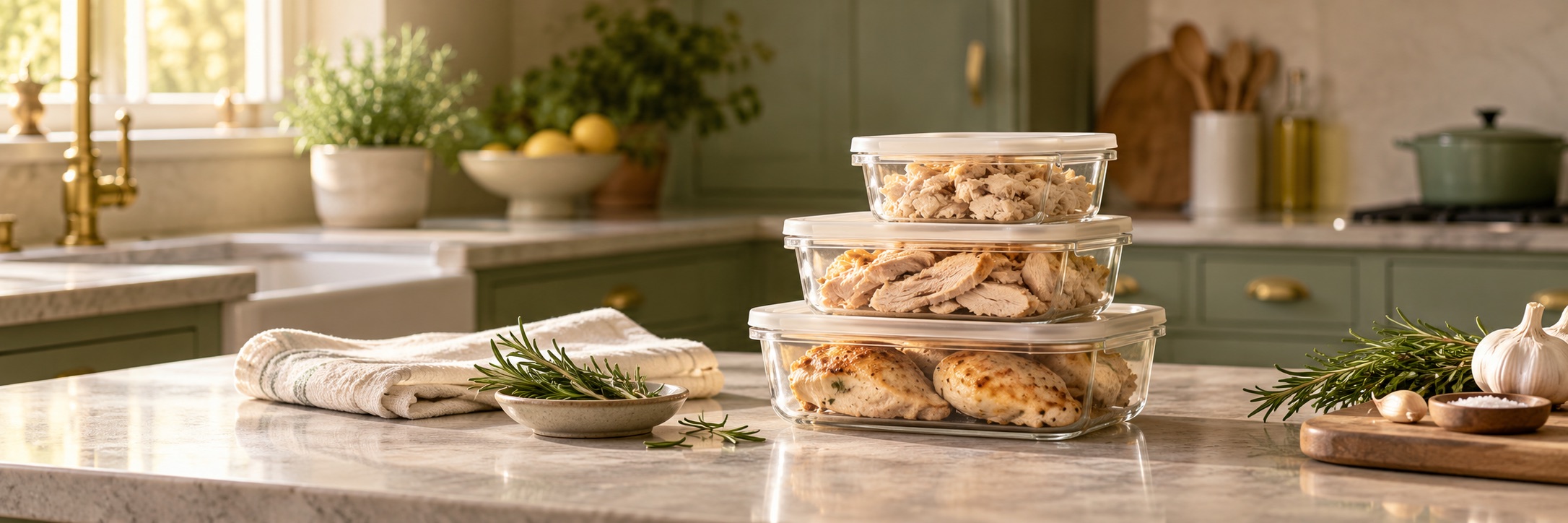 Covered food storage containers on a tidy kitchen counter