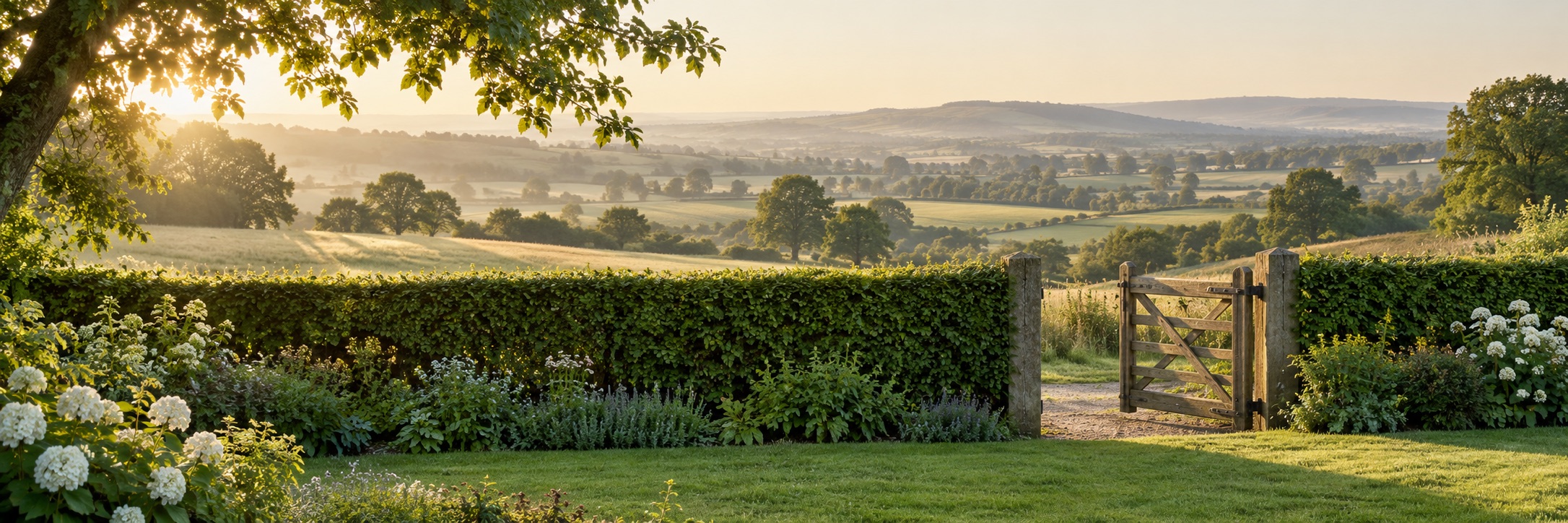 A quiet garden hedge and gate overlooking farmland