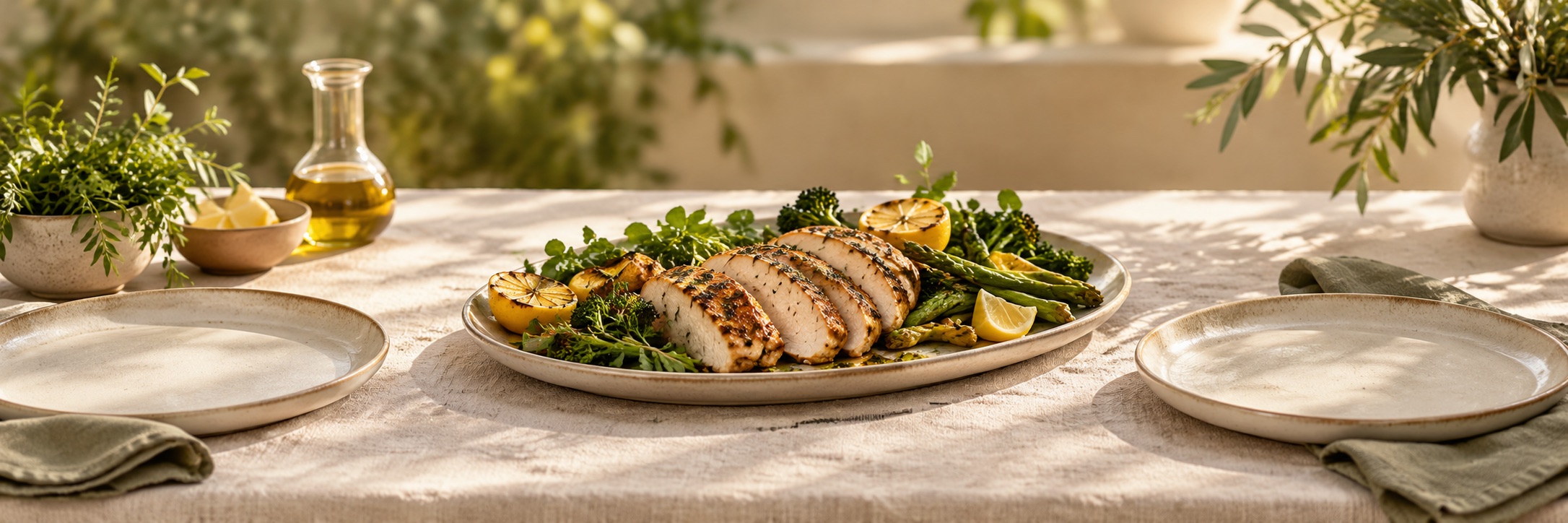 A healthy chicken and vegetable lunch on a calm shared table