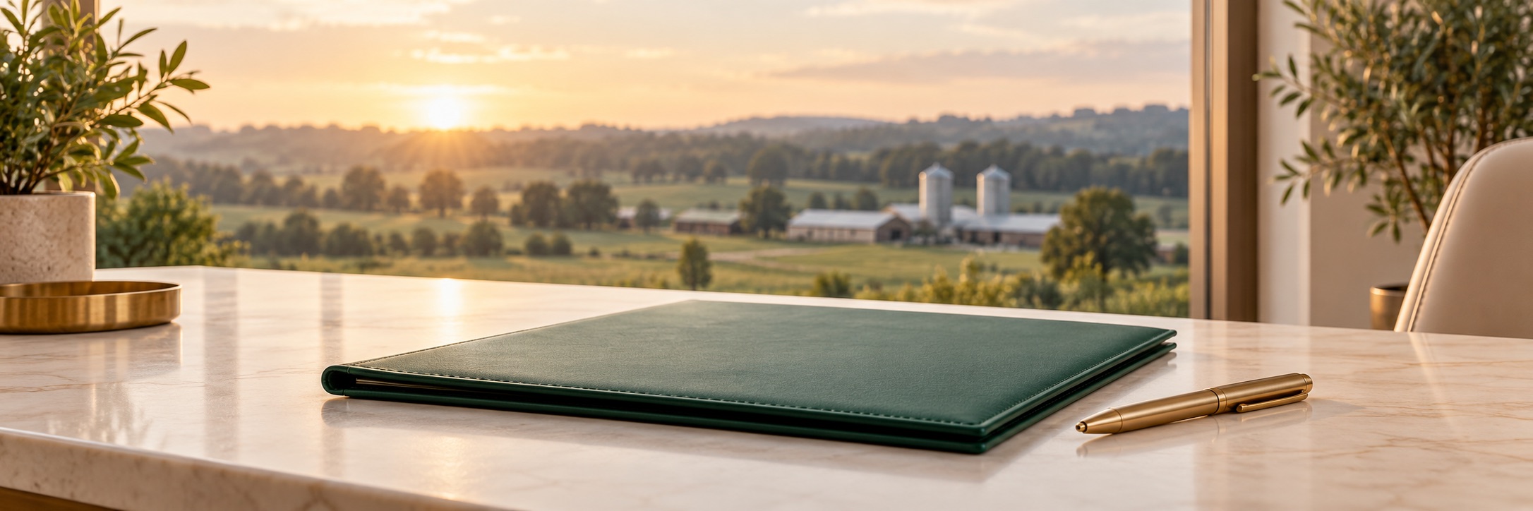 A green document folder and pen beside a farm-view window