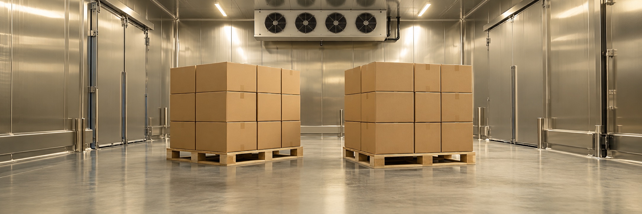 Neatly stacked cartons in a clean refrigerated storage room
