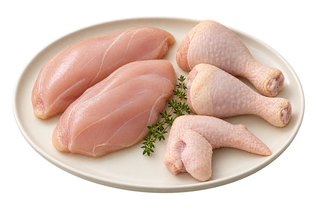 Fresh chicken breast fillets, drumsticks and a wing on an ivory platter