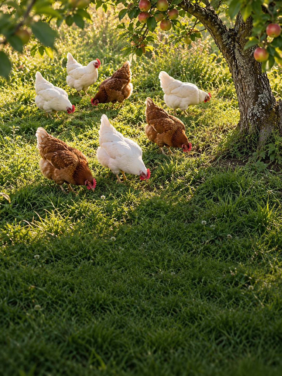 White and brown hens foraging beneath an orchard tree