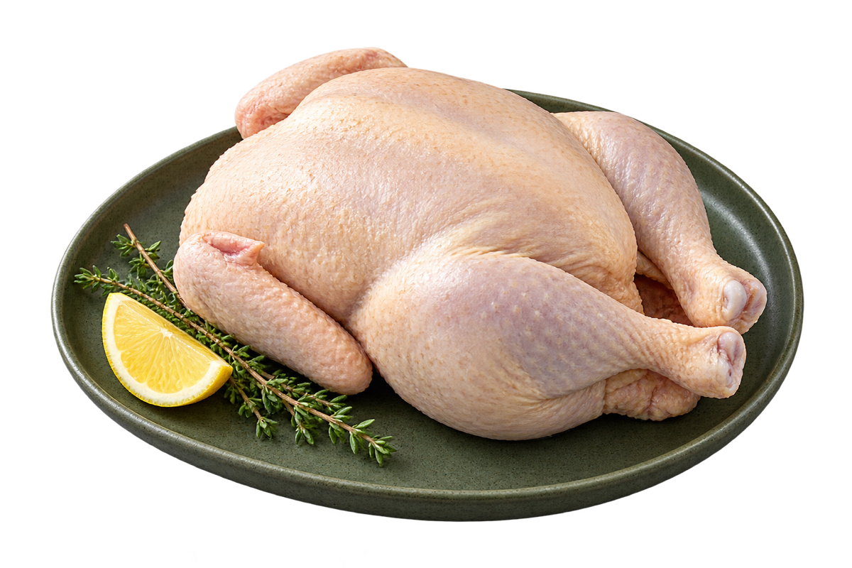 Whole chicken with lemon and thyme on a sage ceramic platter