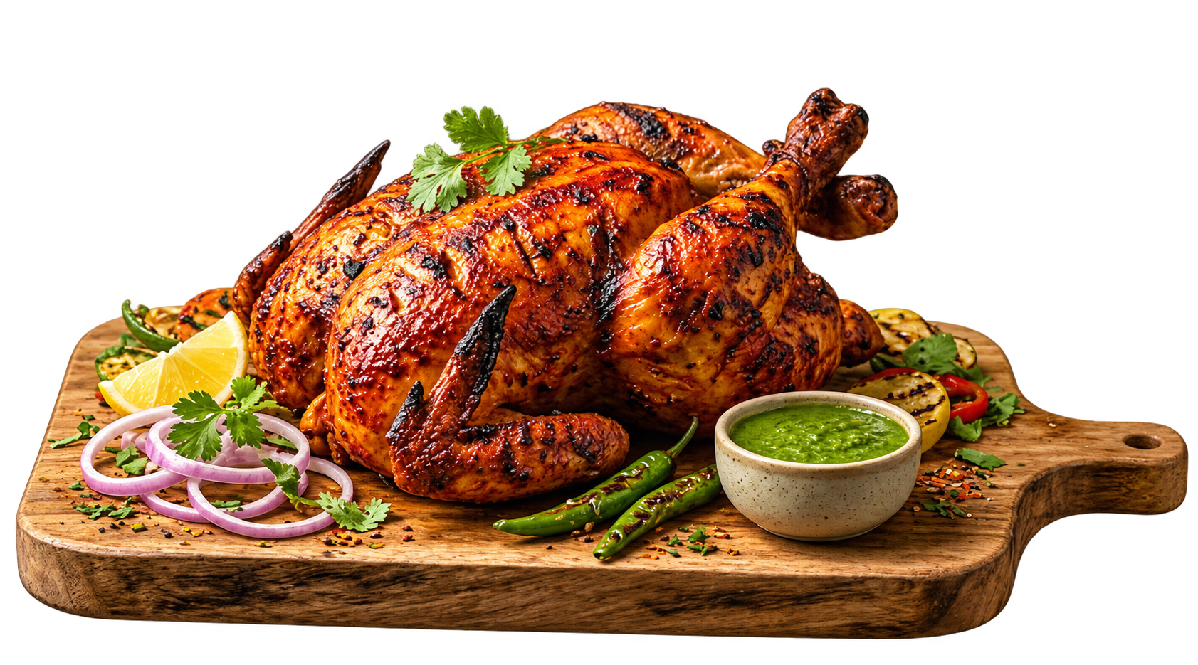 Spiced whole roast chicken on a wooden board with lemon, onion and green chutney