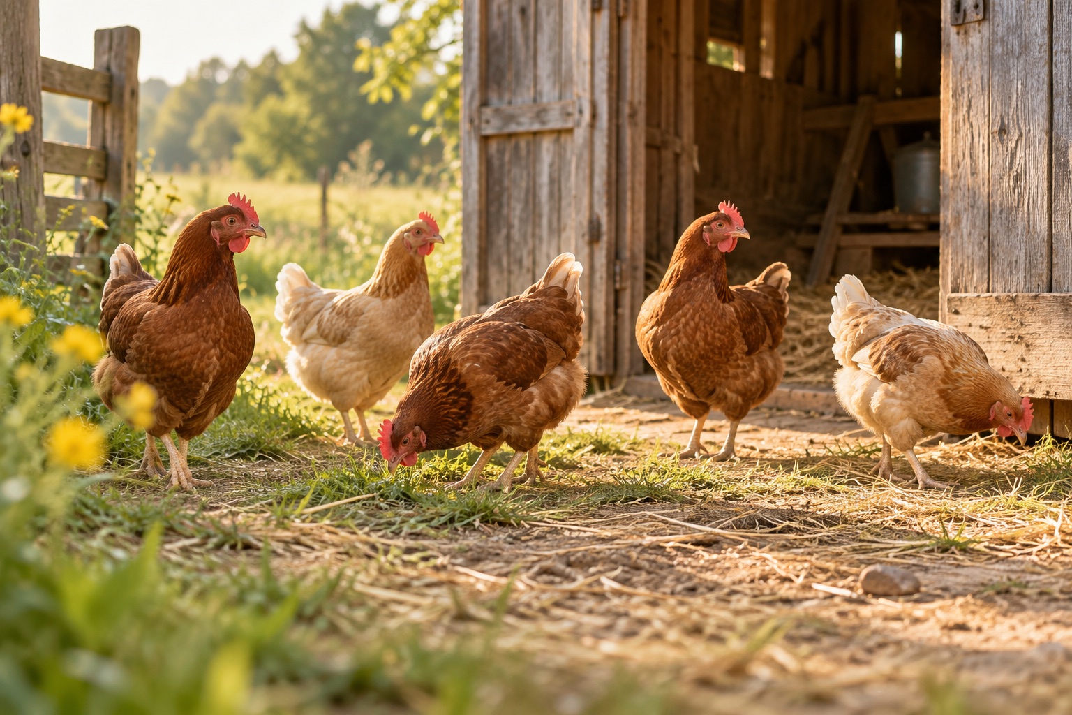Brown and cream hens beside a sunlit wooden barn