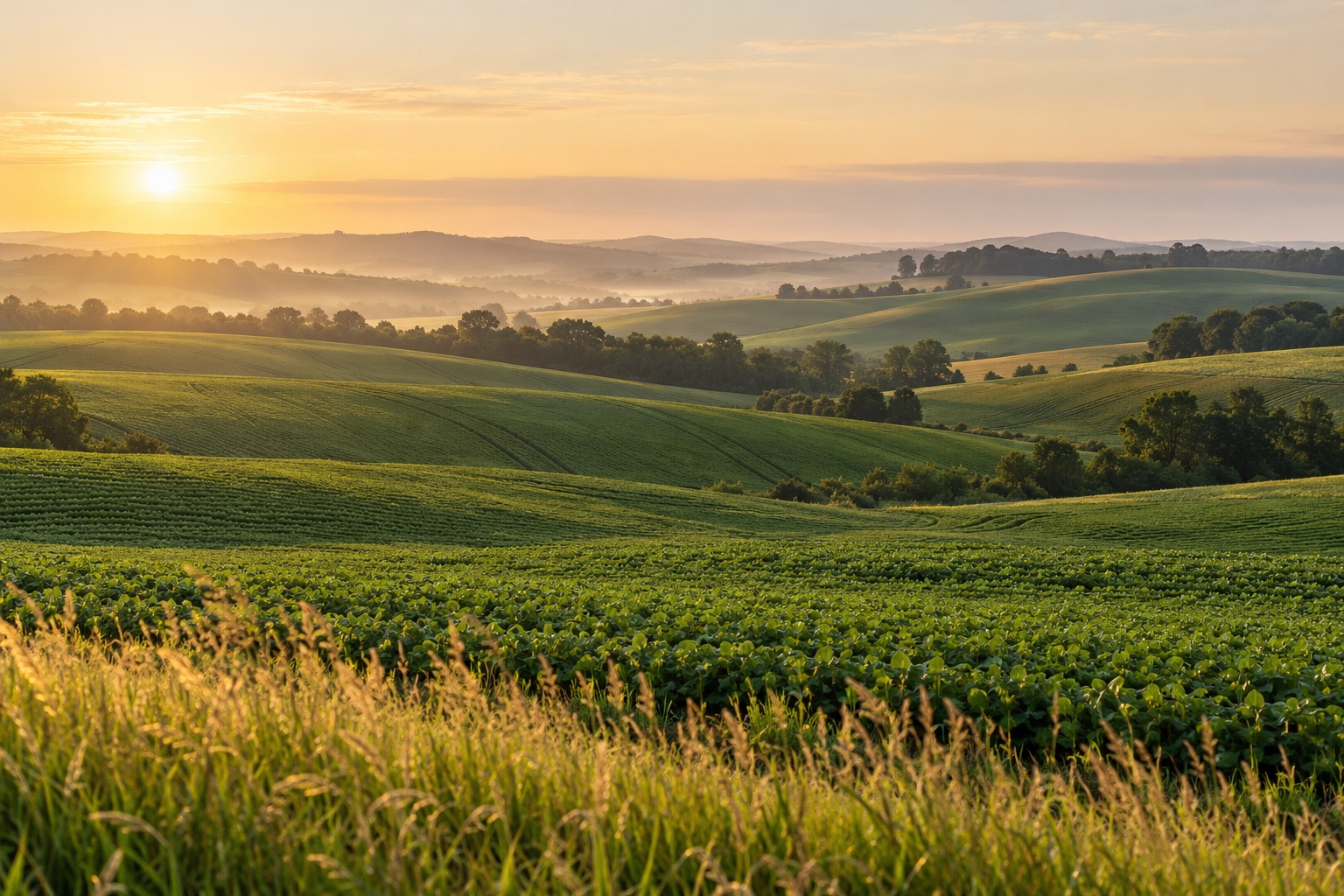 Cultivated fields and trees in a quiet rural landscape
