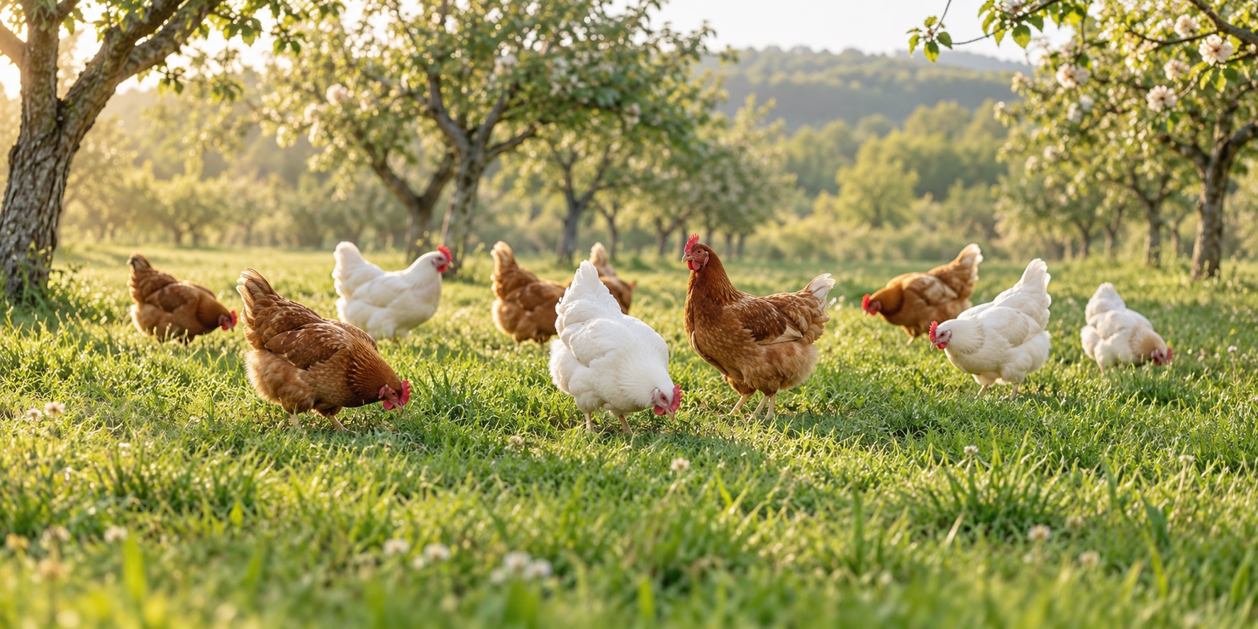 Hens foraging in a sunlit orchard